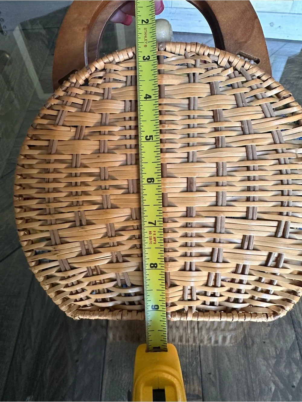 Wooden Purse Hinged Basket Weave Sides Handles Clasp Interior Floral Cloth Lined - Picture 11 of 12